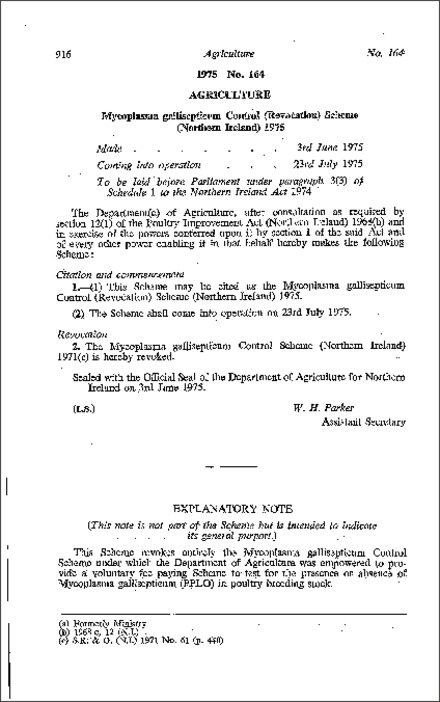 The Mycoplasma Gallisepticum Control (Revocation) Scheme (Northern Ireland) 1975