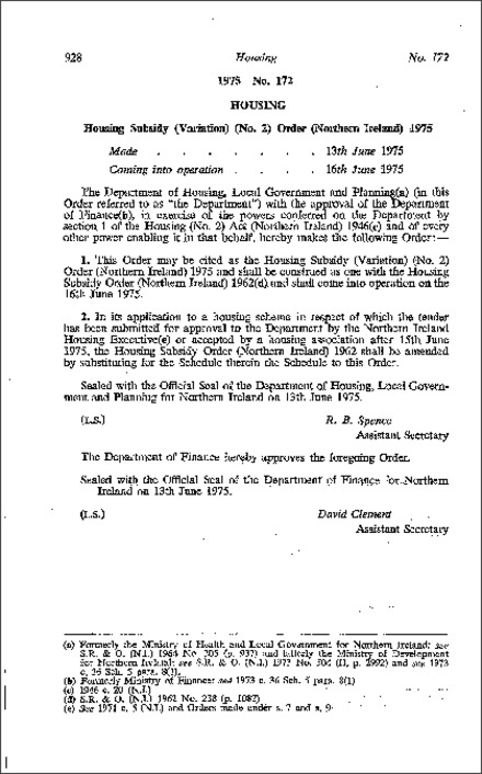 The Housing Subsidy (Variation) (No. 2) Order (Northern Ireland) 1975