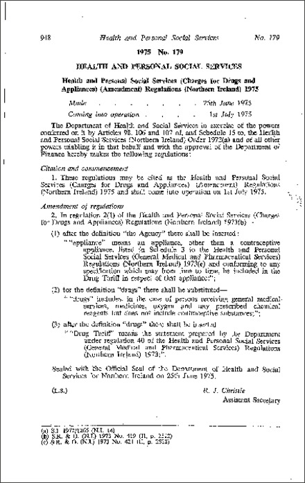 The Health and Personal Social Services (Charges for Drugs and Appliances) (Amendment) Regulations (Northern Ireland) 1975