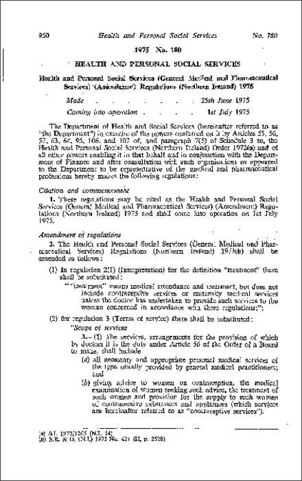 The Health and Personal Social Services (General Medical and Pharmaceutical Services) (Amendment) Regulations (Northern Ireland) 1975