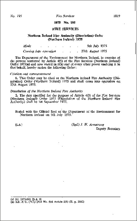 The Northern Ireland Fire Authority (Dissolution) Order (Northern Ireland) 1975