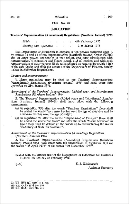 The Teachers' Superannuation (Amendment) Regulations (Northern Ireland) 1975