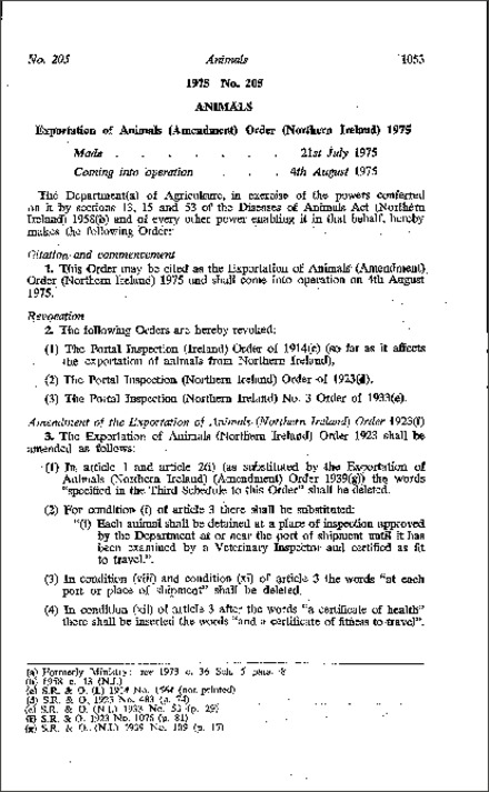 The Exportation of Animals (Amendment) Order (Northern Ireland) 1975