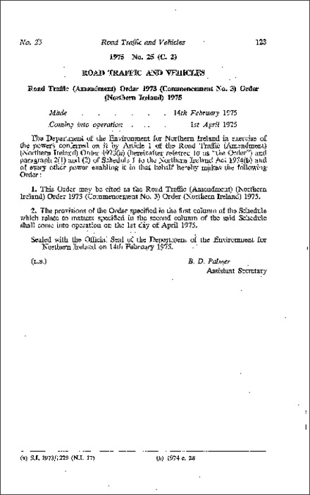 The Road Traffic (Amendment) (Northern Ireland) Order 1973 (Commencement No. 3) Order (Northern Ireland) 1975