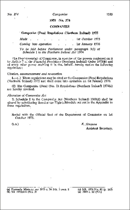 The Companies (Fees) Regulations (Northern Ireland) 1975