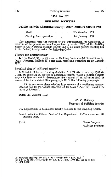 The Building Societies (Additional Security) Order (Northern Ireland) 1975