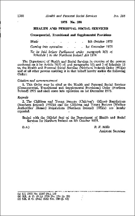 The Health and Personal Social Services (Consequential, Transitional and Supplemental Provisions) Order (Northern Ireland) 1975