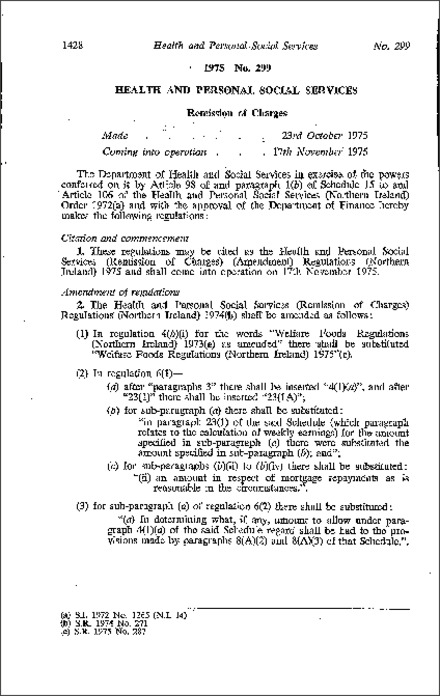 The Health and Personal Social Services (Remission of Charges) (Amendment) Regulations (Northern Ireland) 1975