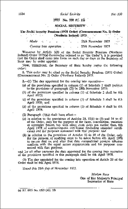 The Social Security Pensions (1975 Order) (Commencement No. 2) Order (Northern Ireland) 1975