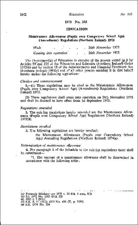 The Maintenance Allowances (Pupils over Compulsory School Age) (Amendment) Regulations (Northern Ireland) 1975