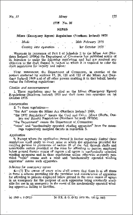 The Mines (Emergency Egress) Regulations (Northern Ireland) 1975