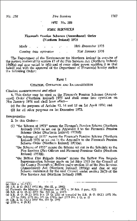 The Firemen's Pension Schemes (Amendment) Order (Northern Ireland) 1975