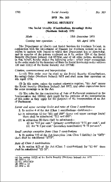 The Social Security (Contribution, Re-rating) Order (Northern Ireland) 1975