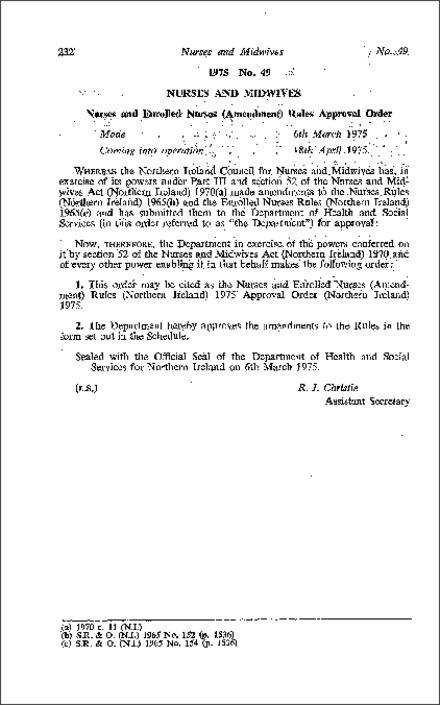 The Nurses and Enrolled Nurses (Amendment) Rules (Northern Ireland) 1975 Approval Order (Northern Ireland) 1975