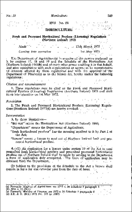 The Fish and Processed Horticultural Produce (Licensing) Regulations (Northern Ireland) 1975