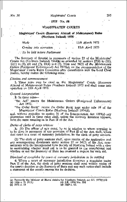 The Magistrates' Courts (Recovery Abroad of Maintenance) Rules (Northern Ireland) 1975
