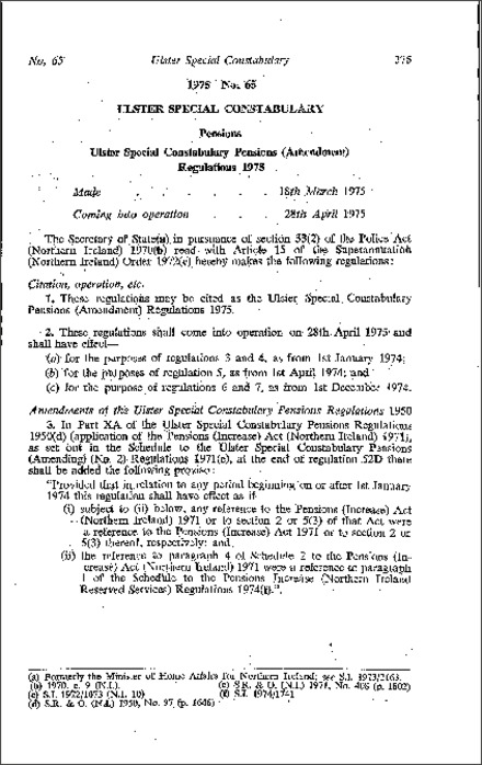 The Ulster Special Constabulary Pensions (Amendment) Regulations (Northern Ireland) 1975