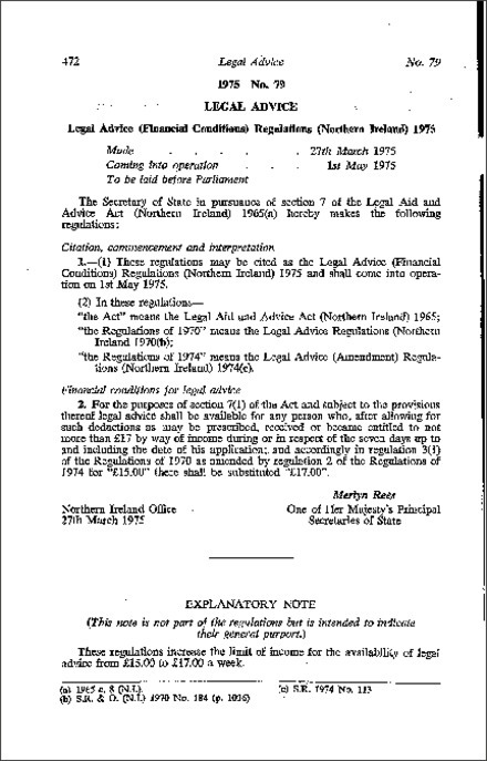 The Legal Advice (Financial Conditions) Regulations (Northern Ireland) 1975