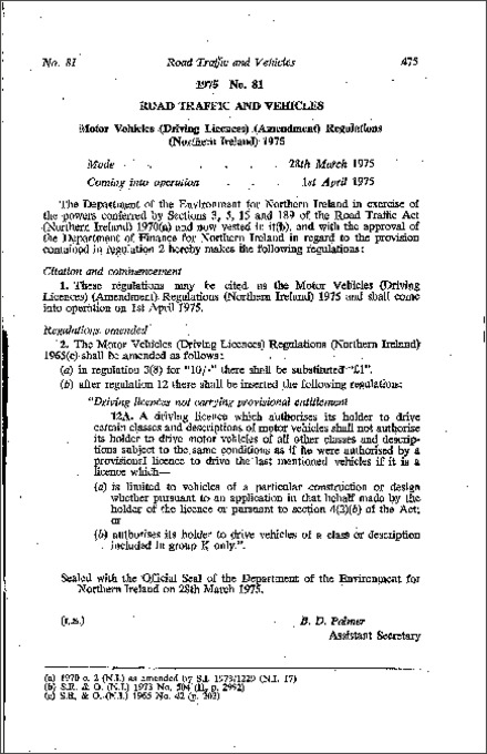 The Motor Vehicles (Driving Licences) (Amendment) Regulations (Northern Ireland) 1975