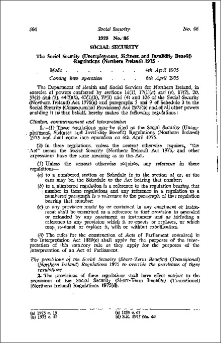 The Social Security (Unemployment, Sickness and Invalidity Benefit) Regulations (Northern Ireland) 1975