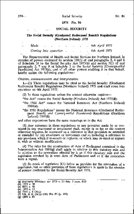 The Social Security (Graduated Retirement Benefit) Regulations (Northern Ireland) 1975