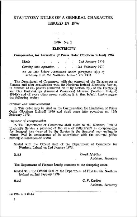 Compensation for Limitation of Prices Order (NOltbem Ireland) 1976