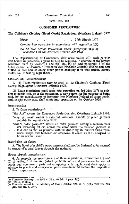 The Children's Clothing (Hood Cords) Regulations (Northern Ireland) 1976
