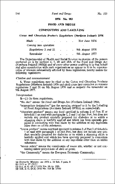 The Cocoa and Chocolate Products Regulations (Northern Ireland) 1976