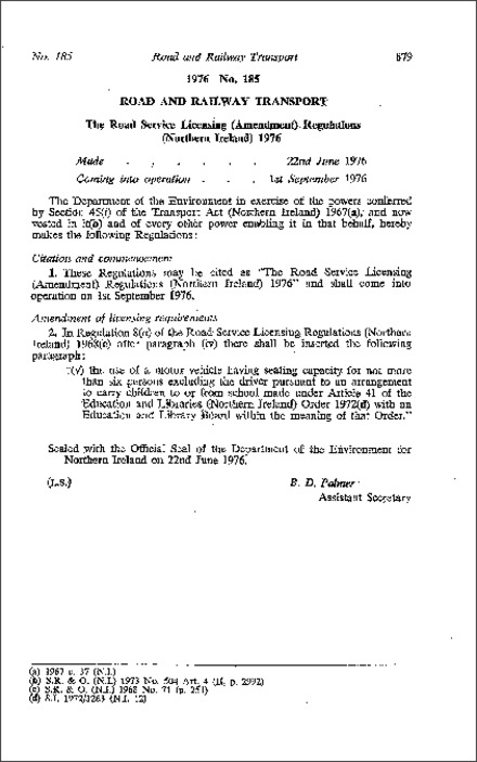 The Road Service Licensing (Amendment) Regulations (Northern Ireland) 1976