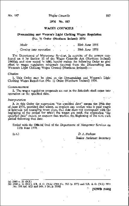 The Dressmaking and Women's Light Clothing Wages Regulation (No. 1) Order (Northern Ireland) 1976