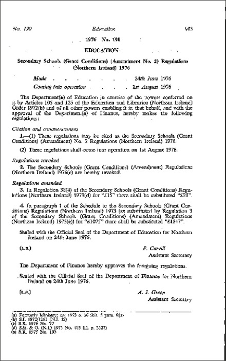 The Secondary Schools (Grant Conditions) (Amendment) No. 2 Regulations (Northern Ireland) 1976