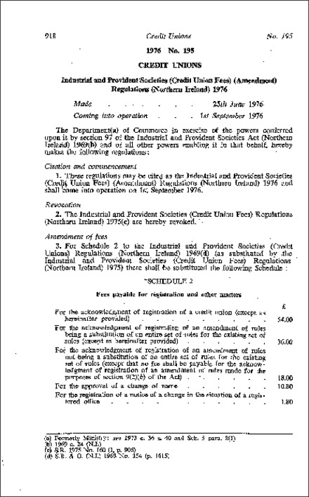 The Industrial and Provident Societies (Credit Union Fees) (Amendment) Regulations (Northern Ireland) 1976