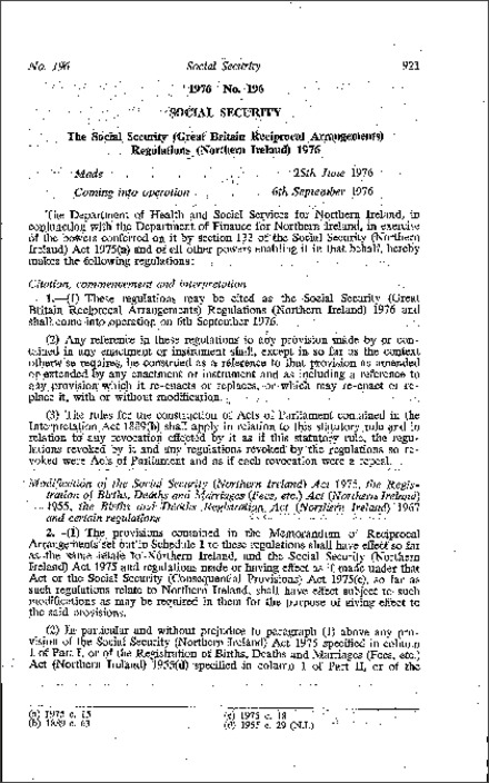 The Social Security (Great Britain Reciprocal Arrangements) Regulations (Northern Ireland) 1976
