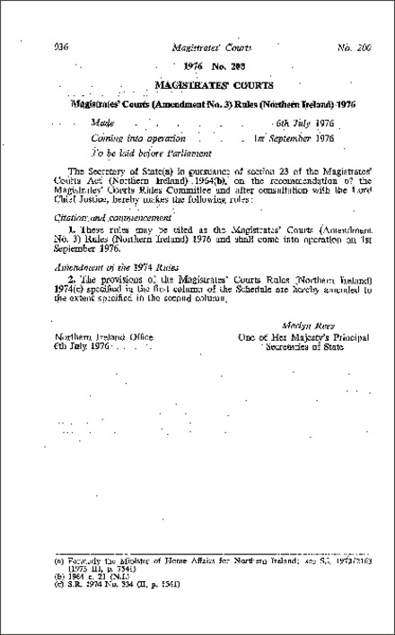 The Magistrates' Courts (Amendment No. 3) Rules (Northern Ireland) 1976