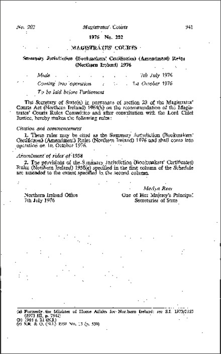The Summary Jurisdiction (Bookmakers' Certificates) (Amendment) Rules (Northern Ireland) 1976