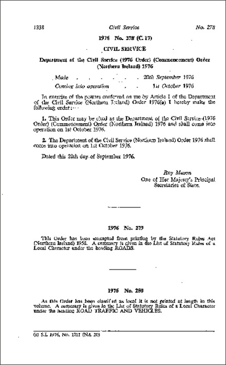The Department of the Civil Service (1976 Order) (Commencement) Order (Northern Ireland) 1976