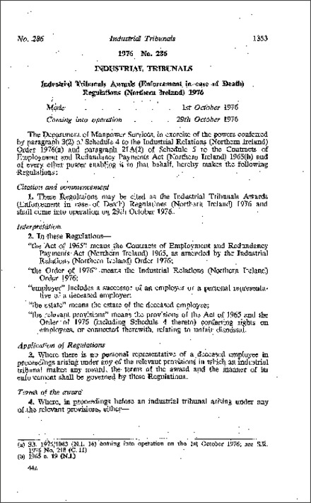 The Industrial Tribunals Awards (Enforcement in case of Death) Regulations (Northern Ireland) 1976