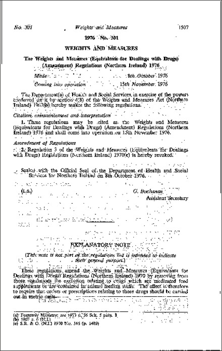The Weights and Measures (Equivalents for Dealings with Drugs) (Amendment) Regulations (Northern Ireland) 1976