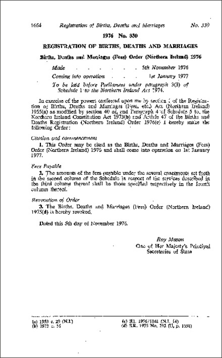 The Births, Deaths and Marriages (Fees) Order (Northern Ireland) 1976