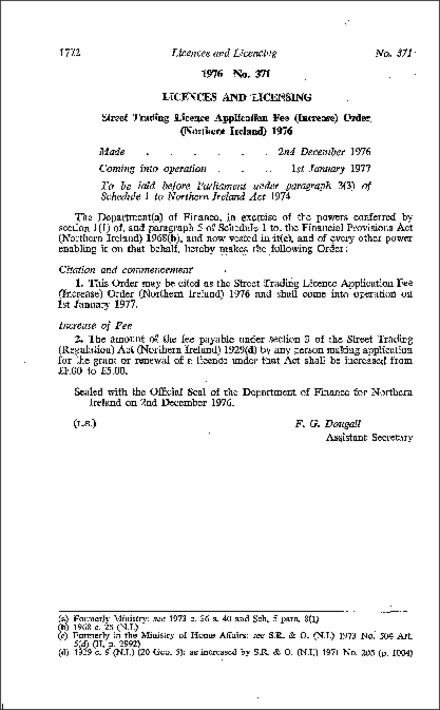The Street Trading Licence Application Fee (Increase) Order (Northern Ireland) 1976