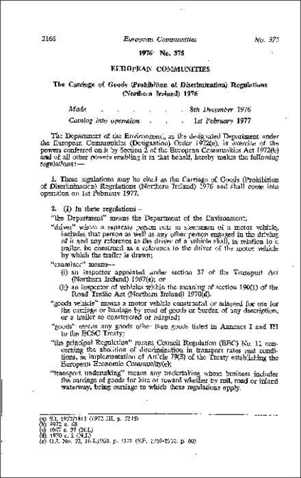 The Carriage of Goods (Prohibition of Discrimination) Regulations (Northern Ireland) 1976