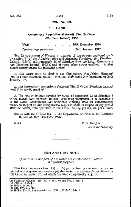The Compulsory Acquisition (Interest) (No. 3) Order (Northern Ireland) 1976