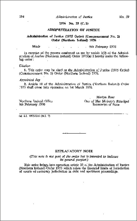 The Administration of Justice (1975 Order) (Commencement No. 2) Order (Northern Ireland) 1976