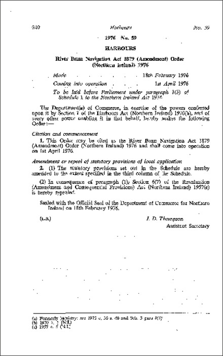 The River Bann Navigation Act 1879 (Amendment) Order (Northern Ireland) 1976
