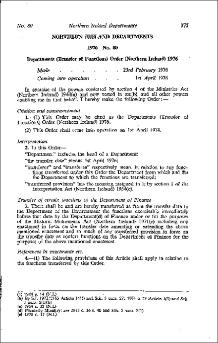 The Departments (Transfer of Functions) Order (Northern Ireland) 1976