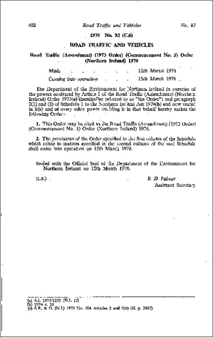 The Road Traffic (Amendment) (1973 Order) (Commencement No. 5) Order (Northern Ireland) 1976