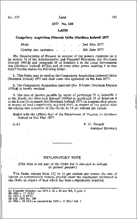 The Compulsory Acquisition (Interest) Order (Northern Ireland) 1977