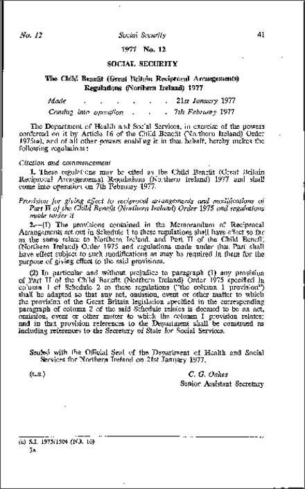 The Child Benefit (Great Britain Reciprocal Arrangements) Regulations (Northern Ireland) 1977