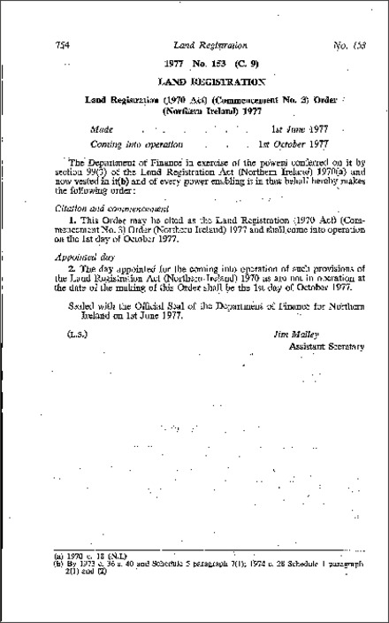 The Land Registration (1970 Act) (Commencement No. 3) Order (Northern Ireland) 1977