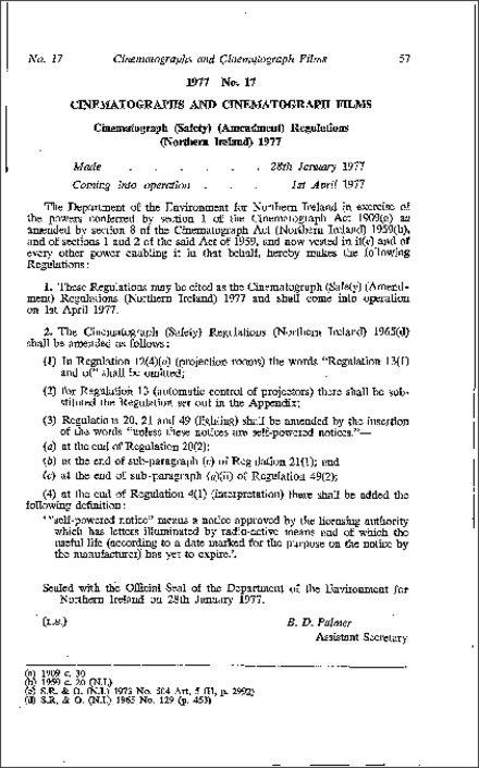 The Cinematograph (Safety) (Amendment) Regulations (Northern Ireland) 1977